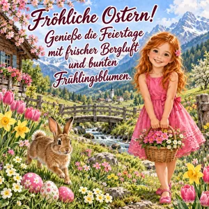 Mädchen mit Blumenkorb und Hase zwischen Ostereiern vor Bergen, Text: Fröhliche Ostern! Genieße die Feiertage mit frischer Bergluft und bunten Frühlingsblumen.