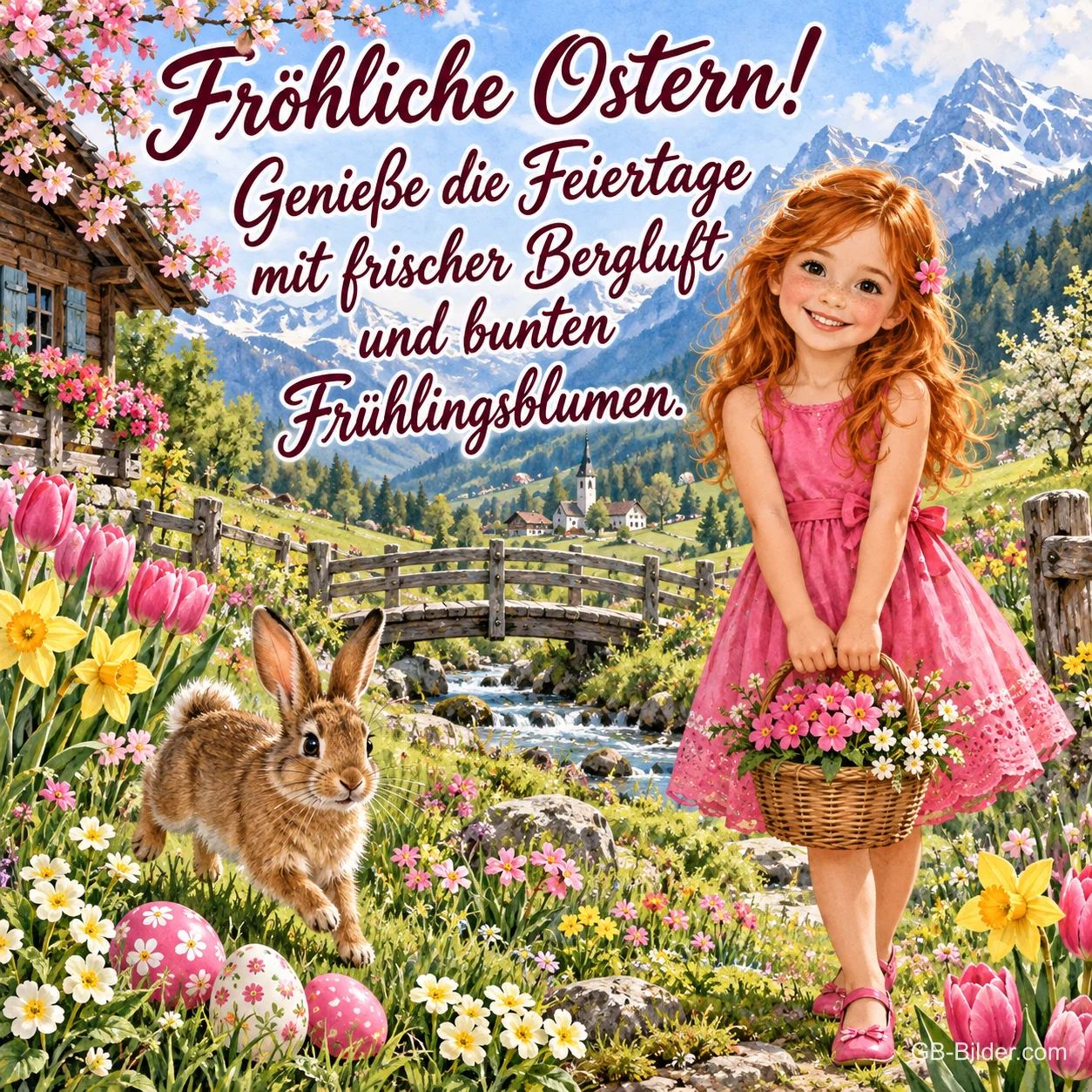 Mädchen mit Blumenkorb und Hase zwischen Ostereiern vor Bergen, Text: Fröhliche Ostern! Genieße die Feiertage mit frischer Bergluft und bunten Frühlingsblumen. Mädchen mit Blumenkorb und Hase zwischen Ostereiern vor Bergen, Text: Fröhliche Ostern! Genieße die Feiertage mit frischer Bergluft und bunten Frühlingsblumen.
