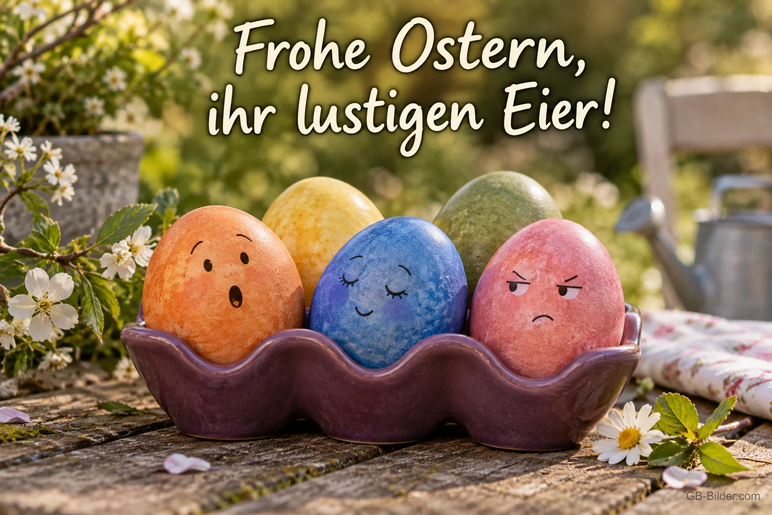 Bunte Ostereier mit lustigen Gesichtern im Eierkarton, Text: Frohe Ostern, ihr lustigen Eier!