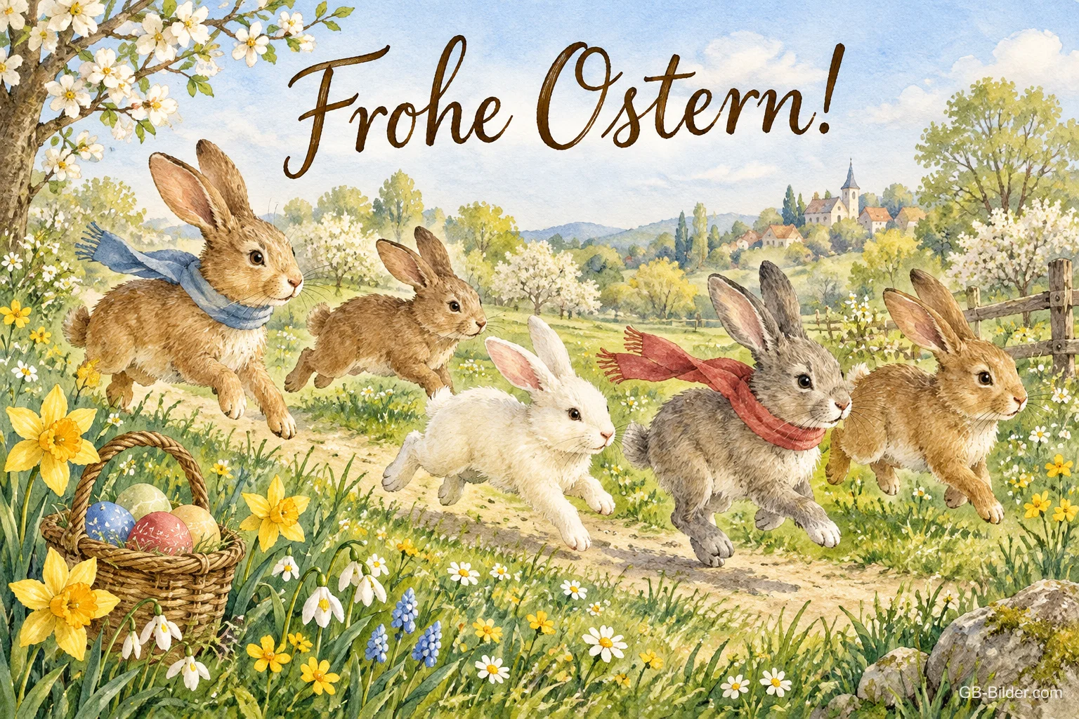 Mehrere Hasen mit Schals laufen über eine Frühlingswiese, Text: Frohe Ostern!