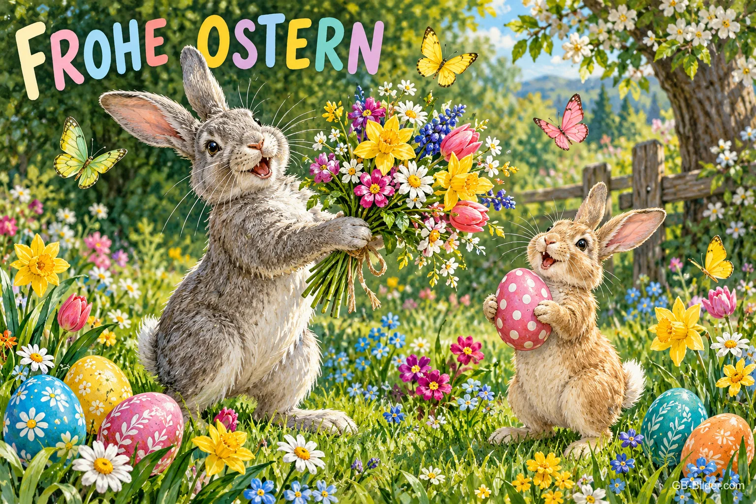 Hase mit buntem Blumenstrauß und kleiner Hase mit Osterei auf einer Frühlingswiese, Text: FROHE OSTERN Hase mit buntem Blumenstrauß und kleiner Hase mit Osterei auf einer Frühlingswiese, Text: FROHE OSTERN