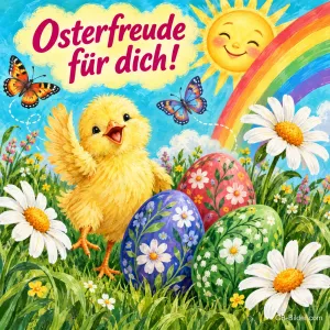 Jubelndes Küken zwischen bemalten Ostereiern, Margeriten, Schmetterlingen und lachender Sonne, Text: Osterfreude für dich!