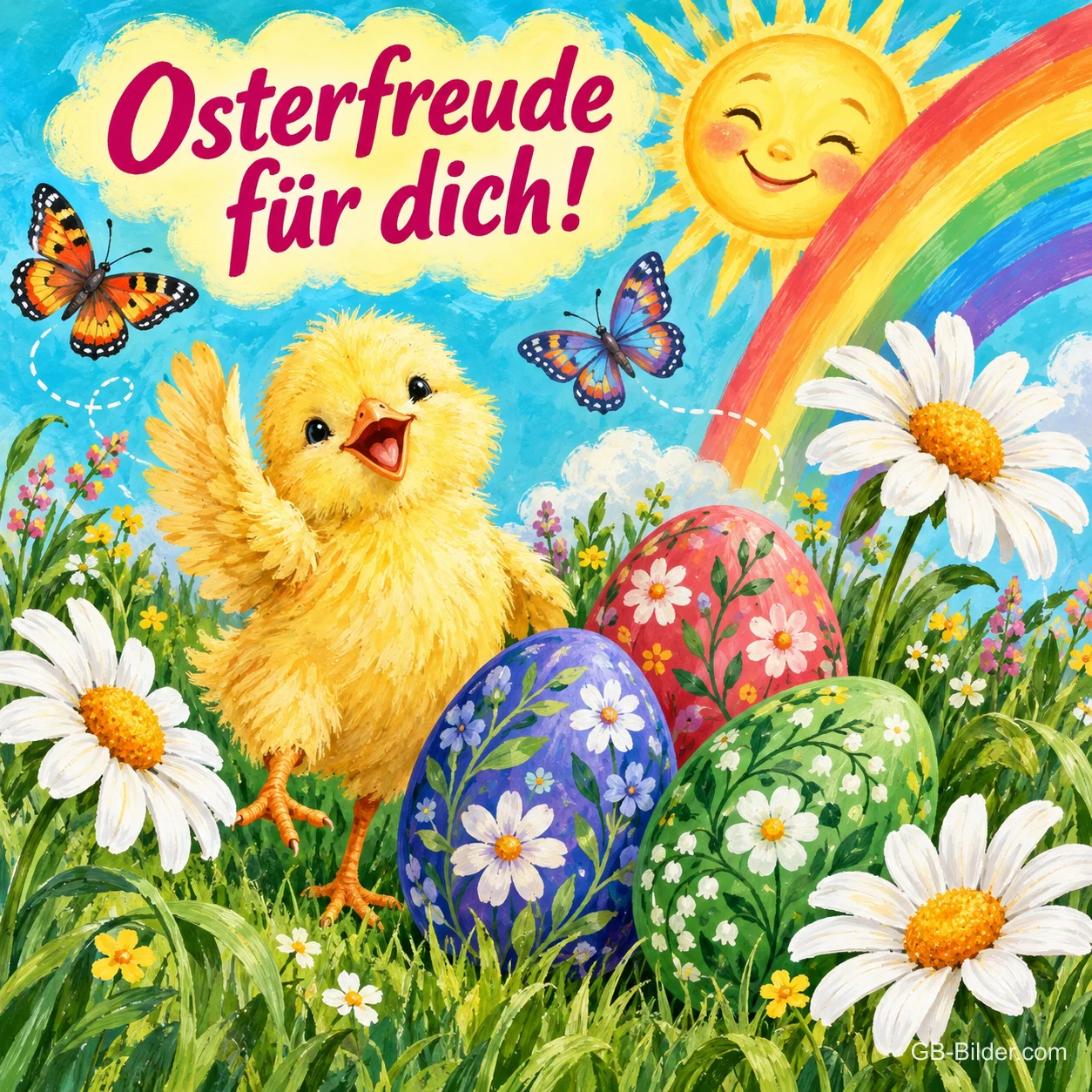 Jubelndes Küken zwischen bemalten Ostereiern, Margeriten, Schmetterlingen und lachender Sonne, Text: Osterfreude für dich! Jubelndes Küken zwischen bemalten Ostereiern, Margeriten, Schmetterlingen und lachender Sonne, Text: Osterfreude für dich!