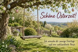 Holzschaukel unter einem blühenden Baum mit hängenden Ostereiern im Garten, Text: Schöne Osterzeit! Ich wünsche dir sonnige Feiertage und eine wohlverdiente Pause.