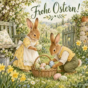 Hasenpaar in Kleidung mit einem Korb voller Ostereier im Garten, Text: Frohe Ostern!