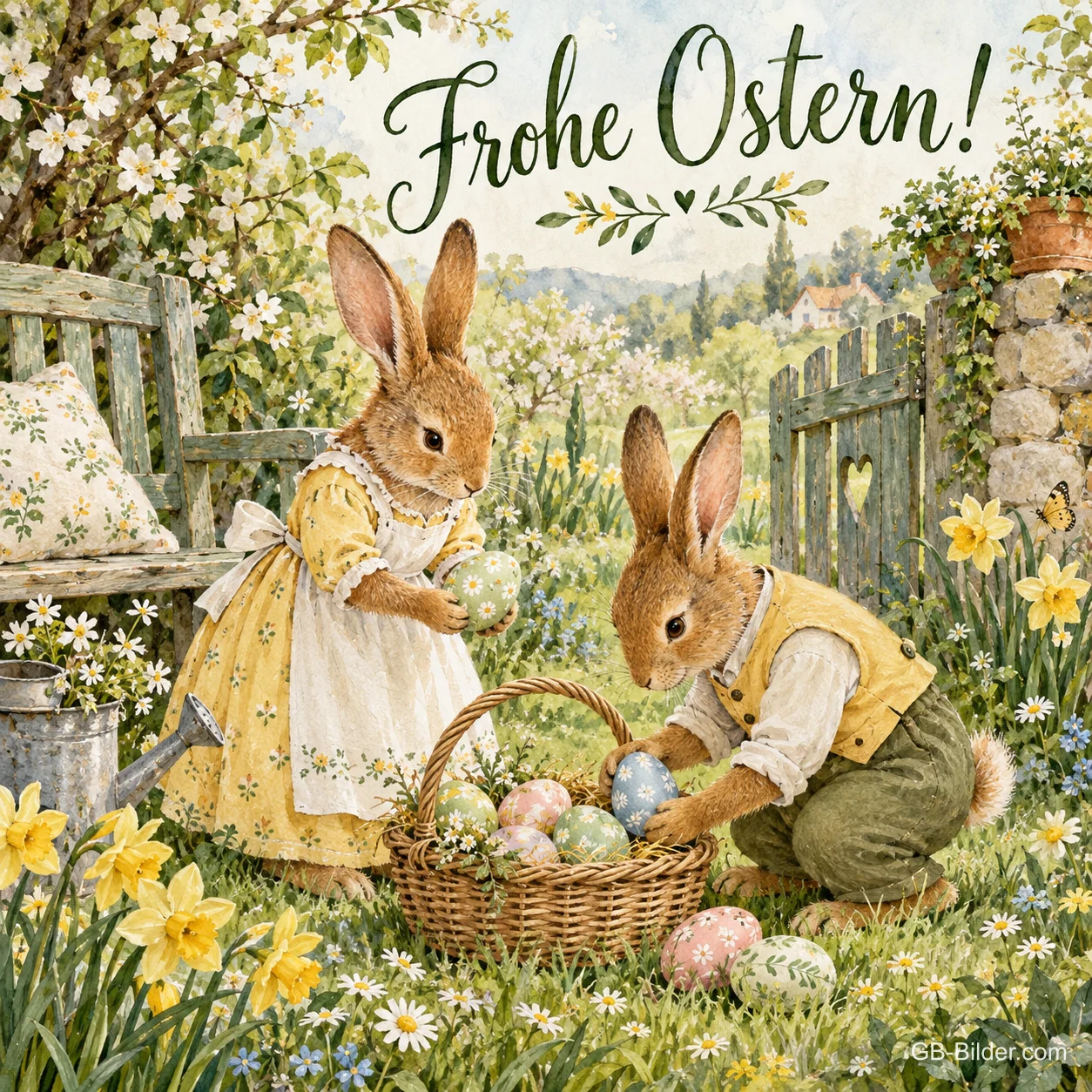 Hasenpaar in Kleidung mit einem Korb voller Ostereier im Garten, Text: Frohe Ostern!