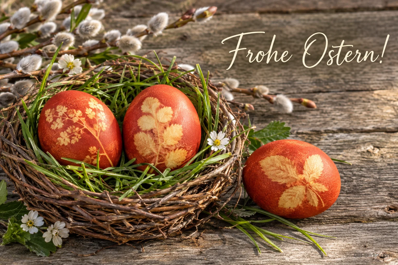 Nest mit gefärbten Ostereiern neben Weidenkätzchen, Text: Frohe Ostern!