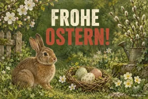 Hase neben einem Nest mit Ostereiern im Garten, Text: FROHE OSTERN!