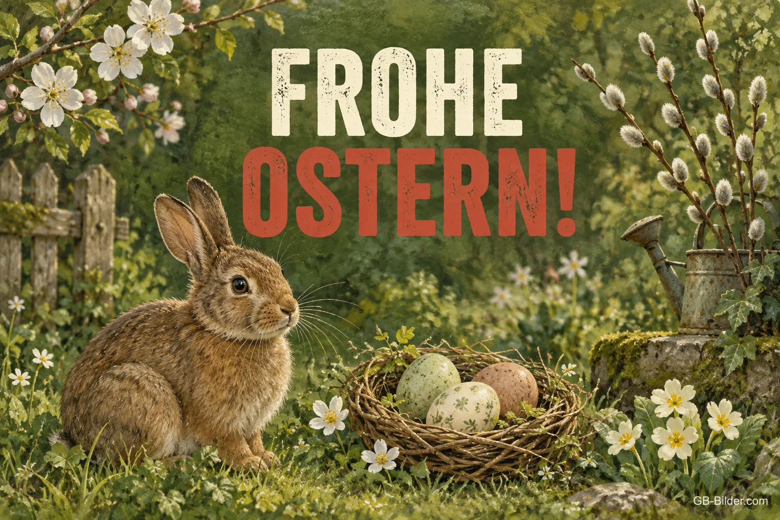 Hase neben einem Nest mit Ostereiern im Garten, Text: FROHE OSTERN!