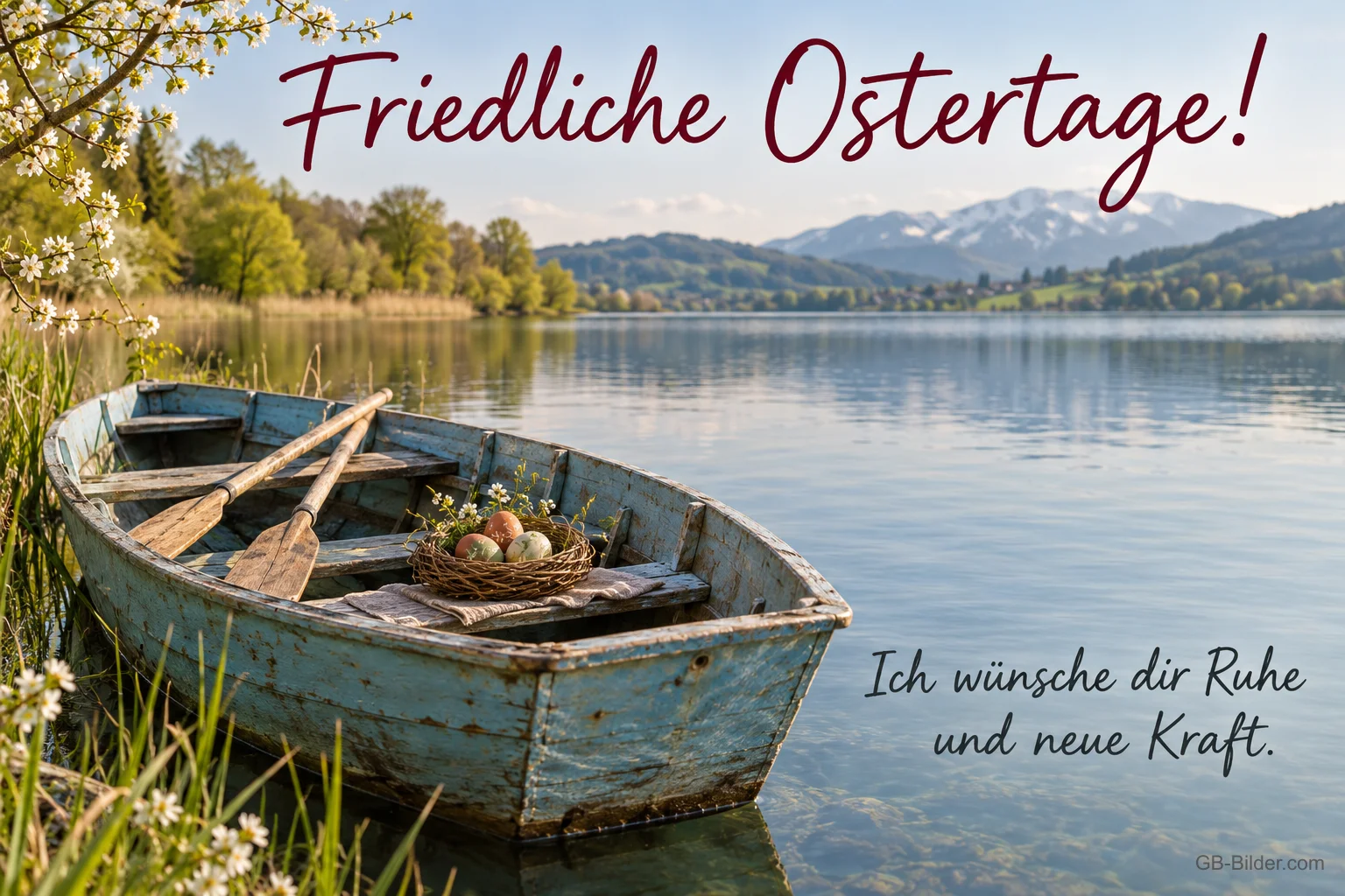 Altes Ruderboot am Seeufer mit einem Nest voller Ostereier, Berge im Hintergrund, Text: Friedliche Ostertage! Ich wünsche dir Ruhe und neue Kraft. Altes Ruderboot am Seeufer mit einem Nest voller Ostereier, Berge im Hintergrund, Text: Friedliche Ostertage! Ich wünsche dir Ruhe und neue Kraft.