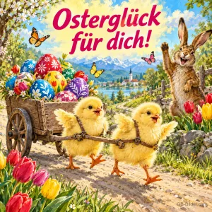 Zwei Küken ziehen einen Holzwagen voller bunter Ostereier, ein Hase winkt, Text: Osterglück für dich!