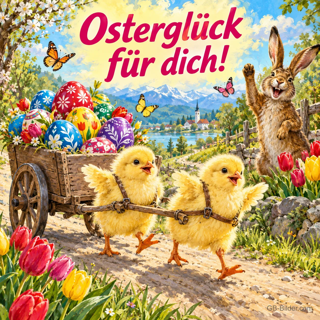 Zwei Küken ziehen einen Holzwagen voller bunter Ostereier, ein Hase winkt, Text: Osterglück für dich! Zwei Küken ziehen einen Holzwagen voller bunter Ostereier, ein Hase winkt, Text: Osterglück für dich!