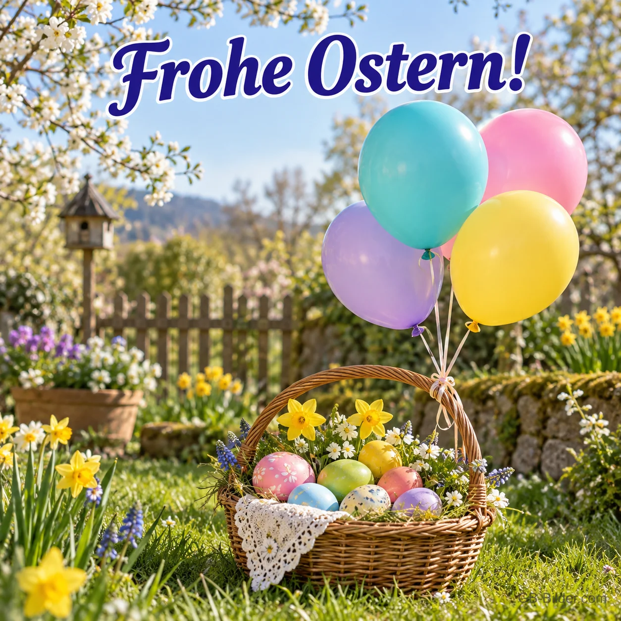 Bunte Luftballons an einem Korb mit Ostereiern im Frühlingsgarten, Text: Frohe Ostern!