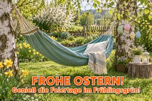 Hängematte zwischen Birken im Frühlingsgarten mit Ostereiern, Text: Frohe Ostern! Genieß die Feiertage im Frühlingsgrün!