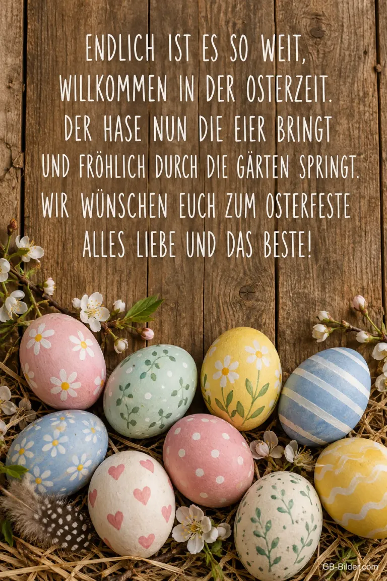Bemalte Ostereier auf Stroh vor einer Holzwand, Text: Endlich ist es so weit, willkommen in der Osterzeit. Der Hase nun die Eier bringt und fröhlich durch die Gärten springt. Wir wünschen Euch zum Osterfeste alles Liebe und das Beste!