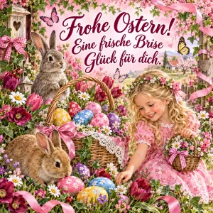 Lockiges Mädchen im rosa Kleid sammelt Ostereier zwischen Blumen, zwei Hasen, Text: Frohe Ostern! Eine frische Brise Glück für dich.