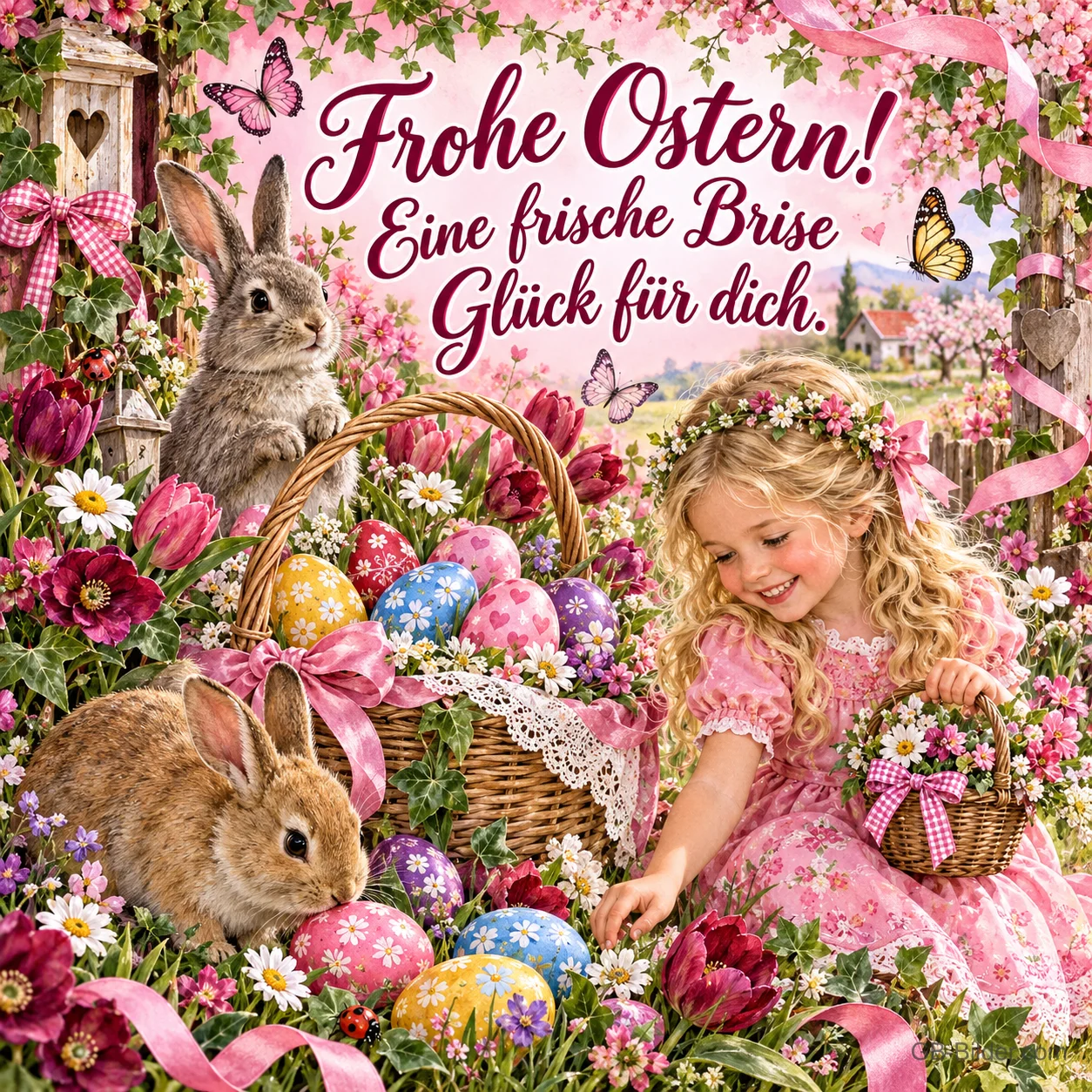 Lockiges Mädchen im rosa Kleid sammelt Ostereier zwischen Blumen, zwei Hasen, Text: Frohe Ostern! Eine frische Brise Glück für dich. Lockiges Mädchen im rosa Kleid sammelt Ostereier zwischen Blumen, zwei Hasen, Text: Frohe Ostern! Eine frische Brise Glück für dich.