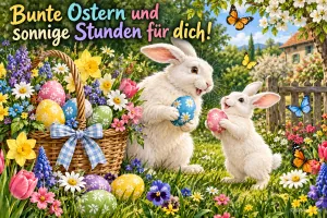 Zwei weiße Hasen mit Ostereiern neben einem Korb im Frühlingsgarten, Text: Bunte Ostern und sonnige Stunden für dich!