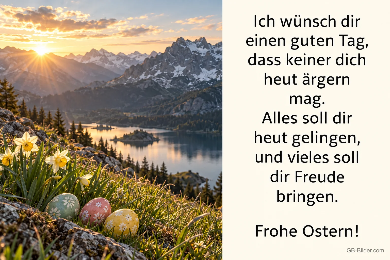 Ostereier auf einer Bergwiese über einem See bei Sonnenaufgang, Text: Ich wünsch dir einen guten Tag, dass keiner dich heut ärgern mag. Alles soll dir heut gelingen, und vieles soll dir Freude bringen. Frohe Ostern!