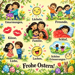 Bunte Bilder von Kindern, Familie, Lachen, Küssen und Schlaf mit Ostereiern, Text: Umarmungen, Lächeln, Freunde, Küsse, Familie, Schlaf, Liebe, Lachen, Schöne Erinnerungen – Frohe Ostern!