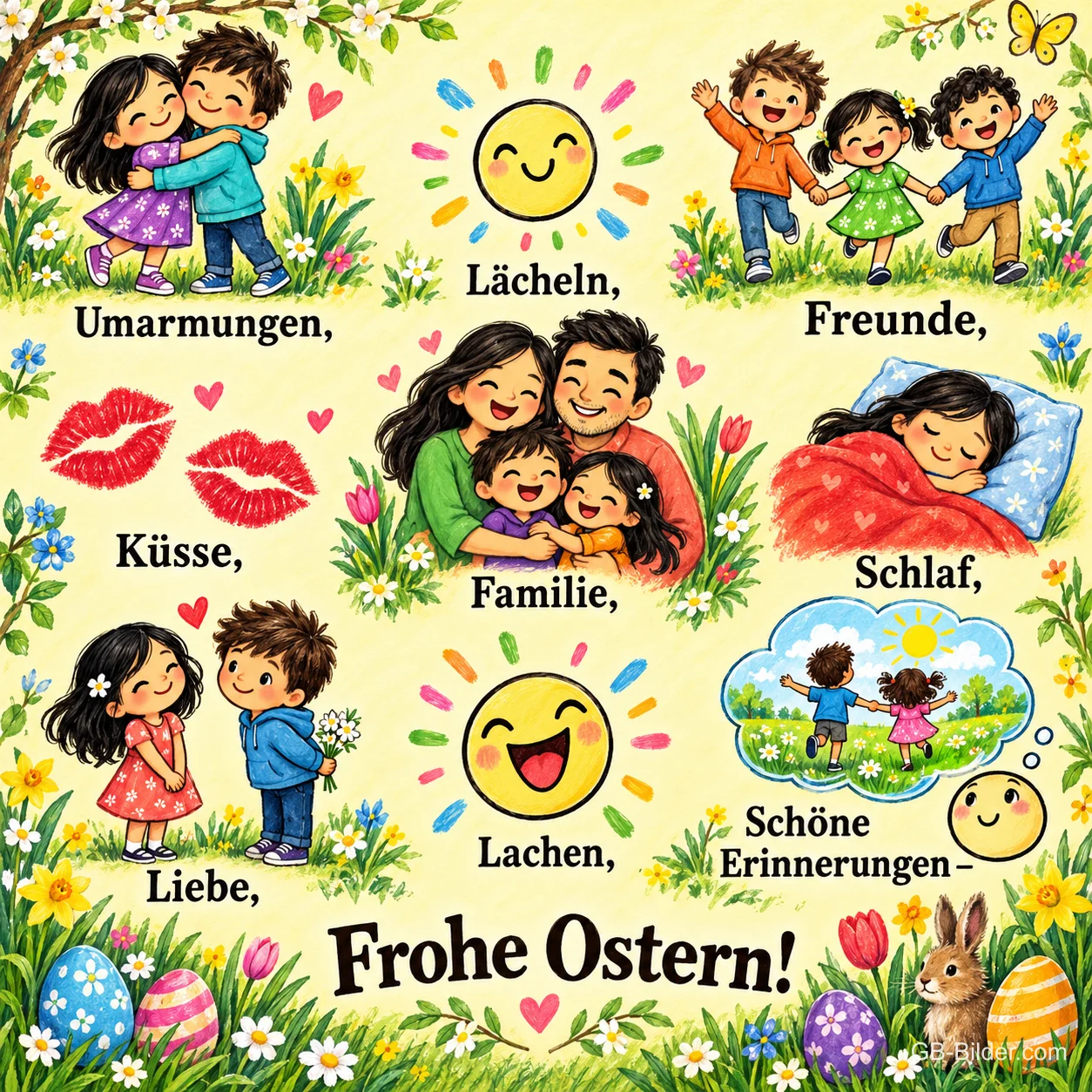 Bunte Bilder von Kindern, Familie, Lachen, Küssen und Schlaf mit Ostereiern, Text: Umarmungen, Lächeln, Freunde, Küsse, Familie, Schlaf, Liebe, Lachen, Schöne Erinnerungen – Frohe Ostern!