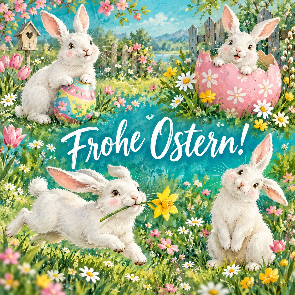 Weiße Hasen hüpfen über eine Blumenwiese, einer sitzt in einer rosa Eierschale, Text: Frohe Ostern!