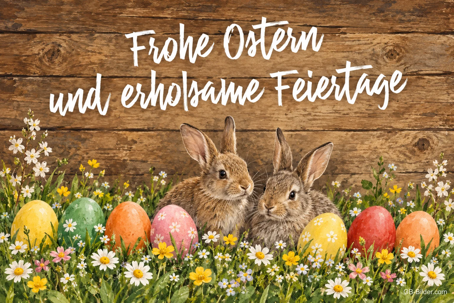 Zwei Hasen zwischen bunten Ostereiern vor einer Holzwand, Text: Frohe Ostern und erholsame Feiertage Zwei Hasen zwischen bunten Ostereiern vor einer Holzwand, Text: Frohe Ostern und erholsame Feiertage