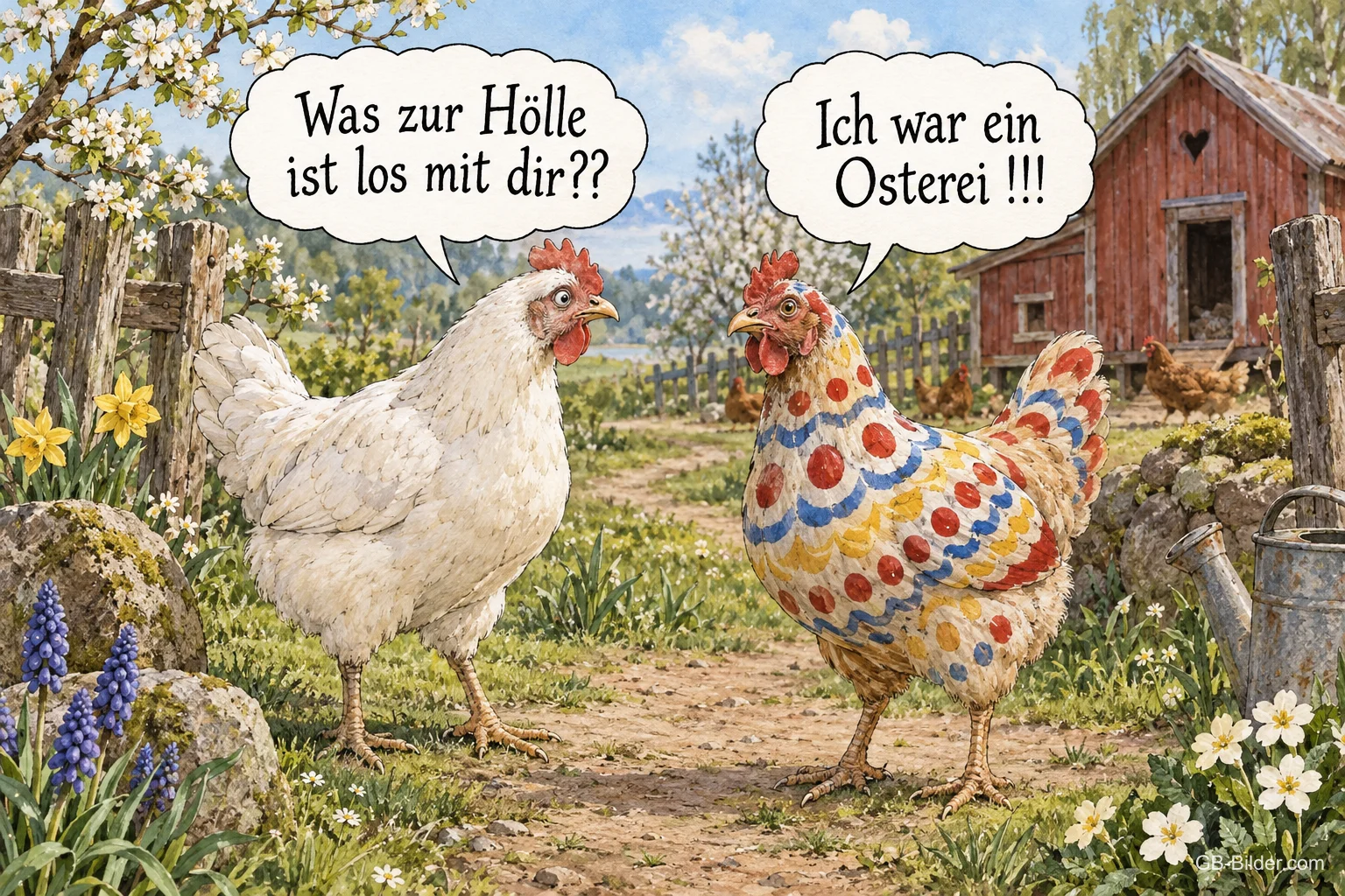 Weißes Huhn und bunt bemaltes Huhn auf dem Bauernhof, Text: Was zur Hölle ist los mit dir?? Ich war ein Osterei!!!