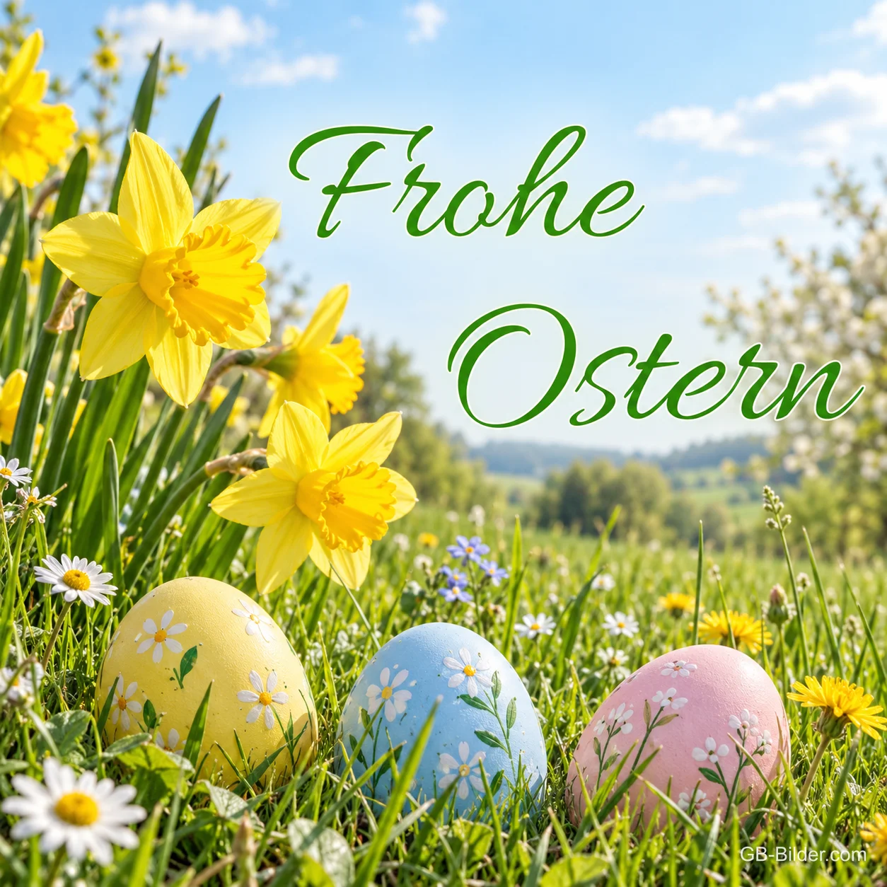 Ostereier zwischen Osterglocken auf einer Frühlingswiese, Text: Frohe Ostern Ostereier zwischen Osterglocken auf einer Frühlingswiese, Text: Frohe Ostern