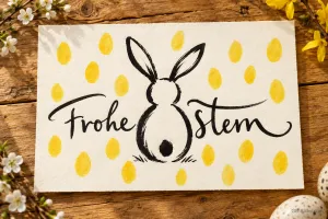 Osterkarte mit Hasenzeichnung und gelben Tupfen, Text: Frohe Ostern