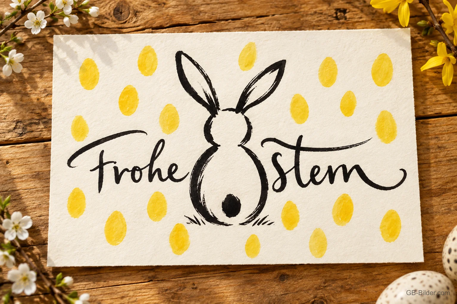 Osterkarte mit Hasenzeichnung und gelben Tupfen, Text: Frohe Ostern Osterkarte mit Hasenzeichnung und gelben Tupfen, Text: Frohe Ostern