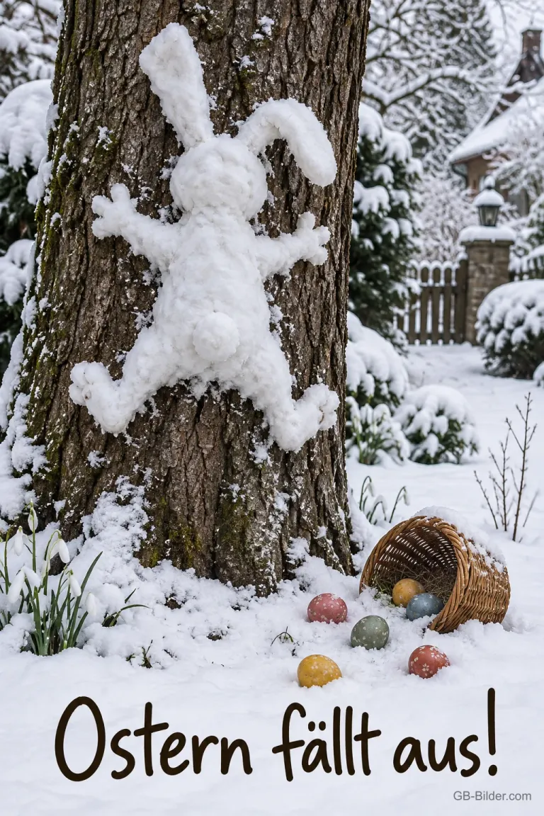 Schneehase am Baumstamm und Korb mit Ostereiern im Schnee, Text: Ostern fällt aus!