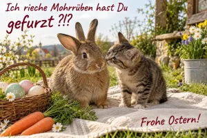 Hase und Kätzchen beschnuppern sich neben Möhren und Ostereiern, Text: Ich rieche Mohrrüben, hast du gefurzt? Frohe Ostern!