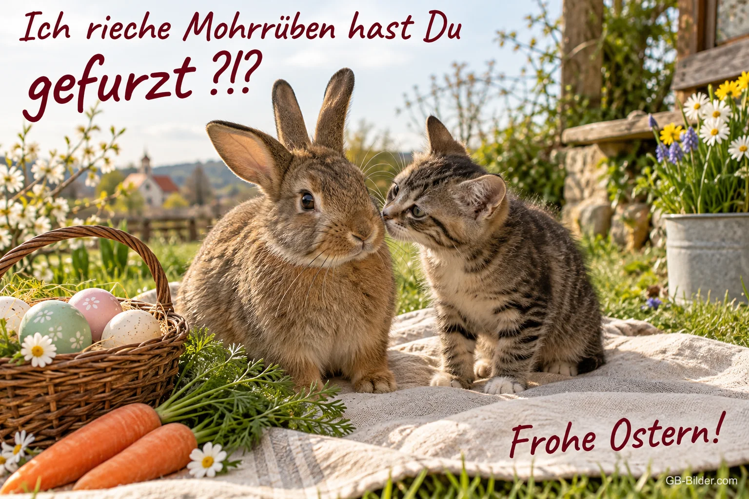 Hase und Kätzchen beschnuppern sich neben Möhren und Ostereiern, Text: Ich rieche Mohrrüben, hast du gefurzt? Frohe Ostern!