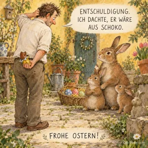Verlegener Mann mit Schokohasen vor echten Hasen, Text: Entschuldigung. Ich dachte, er wäre aus Schoko. Frohe Ostern!