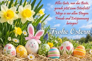 Bemalte Ostereier im Stroh vor Osterglocken, Text: Alles Gute zum Osterfeste! Frohe Ostern