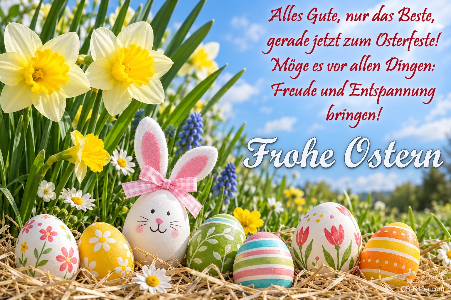 Bemalte Ostereier im Stroh vor Osterglocken, Text: Alles Gute zum Osterfeste! Frohe Ostern Bemalte Ostereier im Stroh vor Osterglocken, Text: Alles Gute zum Osterfeste! Frohe Ostern
