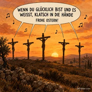 Kreuze auf einem Hügel im Abendrot mit Sprechblase, lustiger Osterspruch: Wenn du glücklich bist und es weißt, klatsch in die Hände. Frohe Ostern!