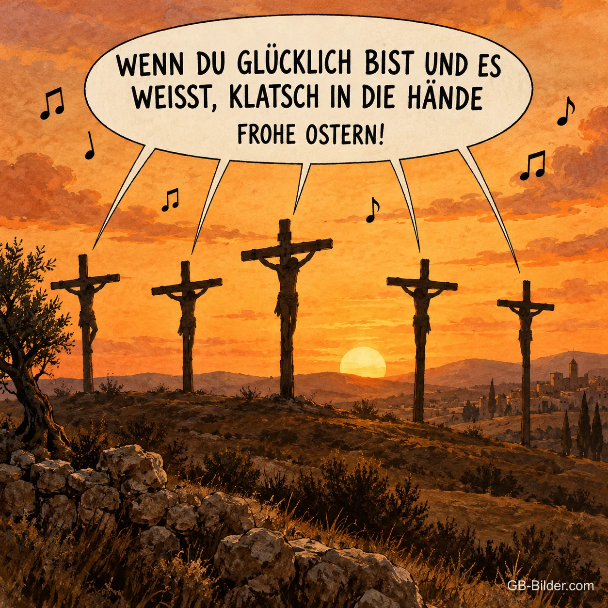 Kreuze auf einem Hügel im Abendrot mit Sprechblase, lustiger Osterspruch: Wenn du glücklich bist und es weißt, klatsch in die Hände. Frohe Ostern! Kreuze auf einem Hügel im Abendrot mit Sprechblase, lustiger Osterspruch: Wenn du glücklich bist und es weißt, klatsch in die Hände. Frohe Ostern!