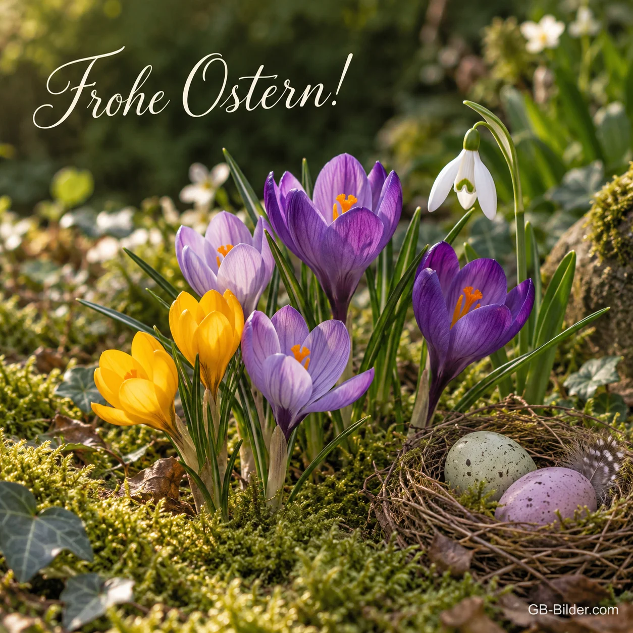 Krokusse und Nest mit Ostereiern im Moos, Text: Frohe Ostern! Krokusse und Nest mit Ostereiern im Moos, Text: Frohe Ostern!