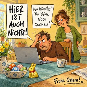 Gezeichneter Mann sucht Ostereier im Laptop, Text: Hier ist auch nichts! Wo könntest du denn noch suchen? Frohe Ostern!