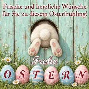 Hasenpopo in einem Loch der Holzwand mit Ostereiern, Text: Frische und herzliche Wünsche zu diesem Osterfrühling! Frohe Ostern