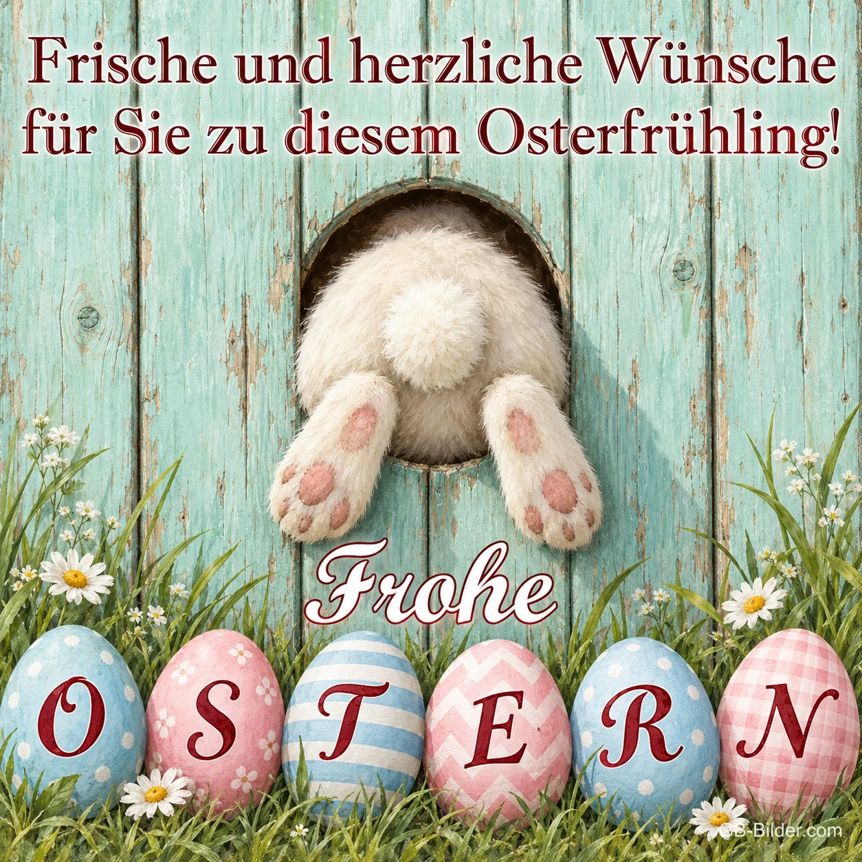 Hasenpopo in einem Loch der Holzwand mit Ostereiern, Text: Frische und herzliche Wünsche zu diesem Osterfrühling! Frohe Ostern
