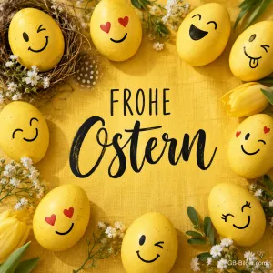 Gelbe Ostereier mit lachenden Gesichtern, Text: Frohe Ostern