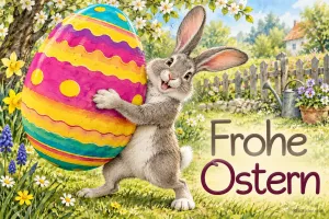 Hase trägt ein großes bunt bemaltes Osterei durch den Garten, Text: Frohe Ostern