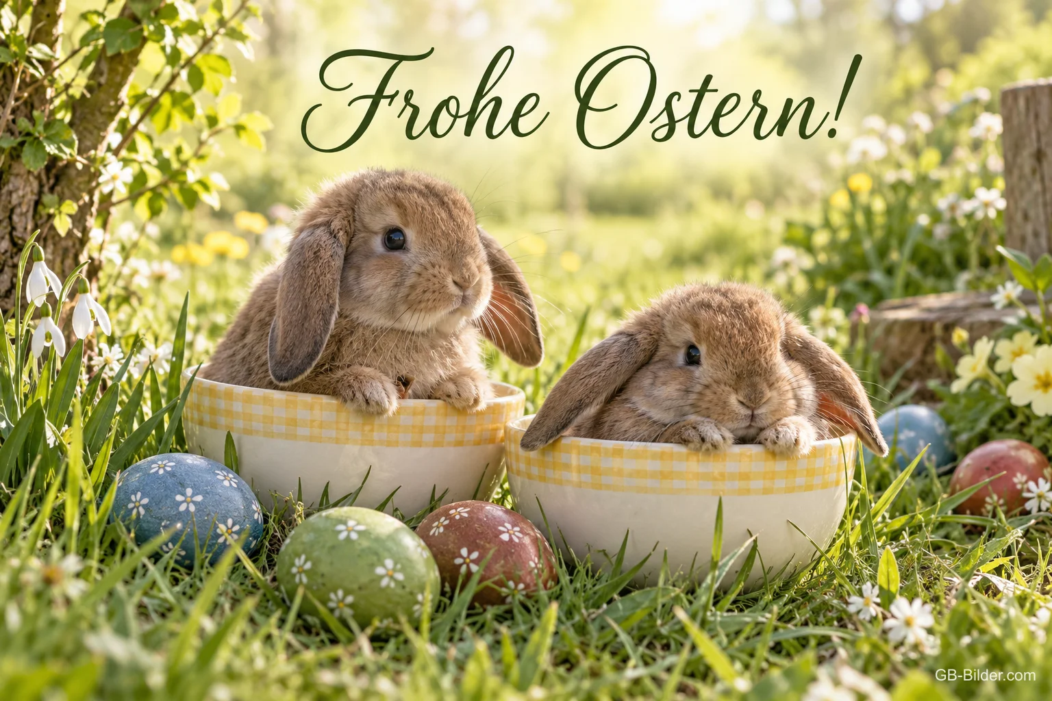 Zwei Kaninchen in Schalen zwischen Ostereiern, Text: Frohe Ostern!