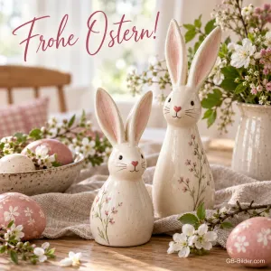 Zwei Porzellanhasen mit Ostereiern, Text: Frohe Ostern!