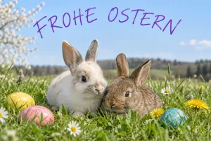 Zwei Kaninchen zwischen Ostereiern auf einer Wiese, Text: Frohe Ostern