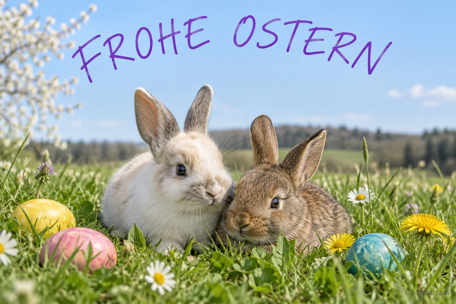 Zwei Kaninchen zwischen Ostereiern auf einer Wiese, Text: Frohe Ostern