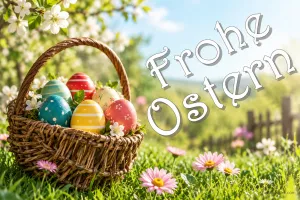 Weidenkorb mit Ostereiern auf der Wiese, Text: Frohe Ostern